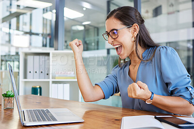 Buy stock photo Success, celebration and business woman on laptop after winning online lottery, bonus or promotion. Winner, achievement and female employee happy, excited and celebrating stock market investment.