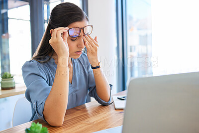 Buy stock photo Woman headache, office and tired with laptop, glasses and fatigue of eyes, pain or stress at workplace table. Finance expert, rest and burnout at desk, computer and modern office in city of New York