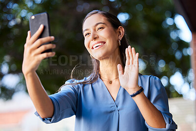 Buy stock photo Woman, phone and hand wave during video call with business contact for communication with a smile and happiness outdoor in city. Female outdoor on zoom greeting hello while talking with 5g network
