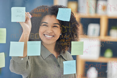 Buy stock photo Glass, sticky notes and woman writing idea, planning and strategy in office, happy and vision. Wall, black woman and creative notes by leader, goal and future innovation, mission and target plan