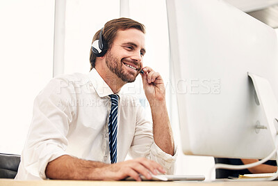 Buy stock photo Call center, online support and man in telemarketing with smile while consulting, listening and reading email on computer. Crm, communication and customer service worker in technical support with pc