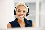 Portrait, call center and black woman for telemarketing, 
consulting and conversation in office. Female agent, lady and consultant for client service, customer support and talking to help and headset