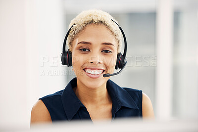 Buy stock photo Portrait, call center and black woman for telemarketing, 
consulting and conversation in office. Female agent, lady and consultant for client service, customer support and talking to help and headset