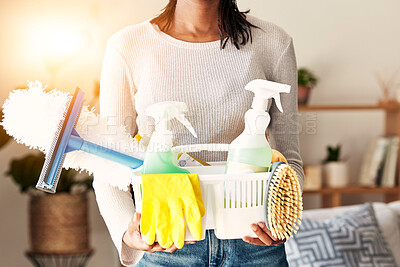 Buy stock photo Woman, hands and cleaning detergent tools for domestic housework, hygiene or disinfection at home. Hand of cleaner holding clean supplies in basket for housekeeping, maintenance or spring cleaning