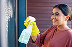 Woman, hands or spray bottle in window cleaning in hotel, home or office building in hygiene maintenance or bacteria housekeeping safety. Cleaner, happy maid or spring cleaning glass doors or product