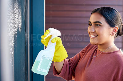 Buy stock photo Woman, hands or spray bottle in window cleaning in hotel, home or office building in hygiene maintenance or bacteria housekeeping safety. Cleaner, happy maid or spring cleaning glass doors or product