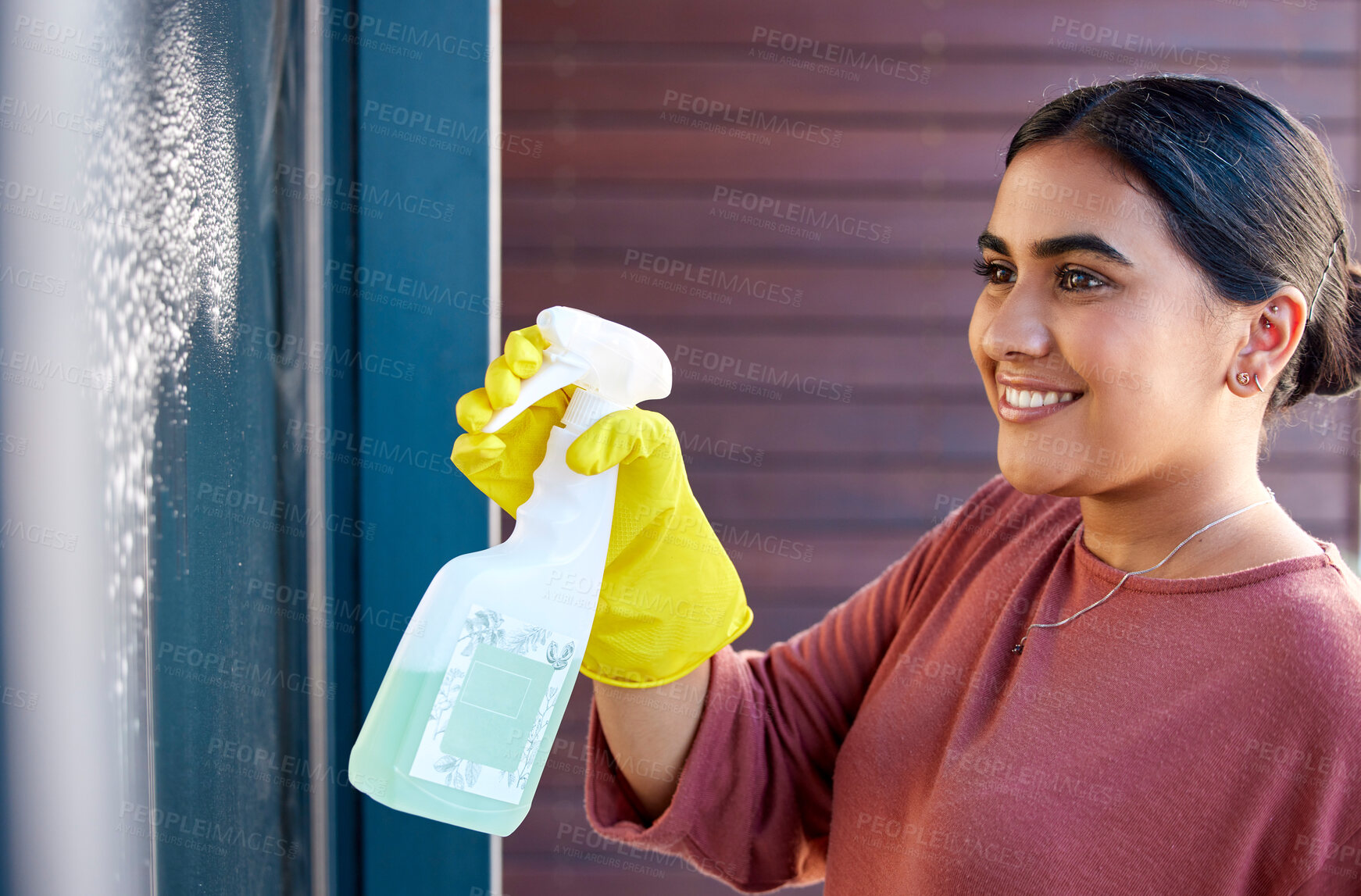 Buy stock photo Woman, hands or spray bottle in window cleaning in hotel, home or office building in hygiene maintenance or bacteria housekeeping safety. Cleaner, happy maid or spring cleaning glass doors or product