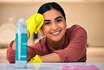 Woman, face or spray bottle in spring cleaning, hygiene maintenance or bacteria security in home, hotel or office building. Portrait, smile or happy maid, cleaner or housekeeping employee and product