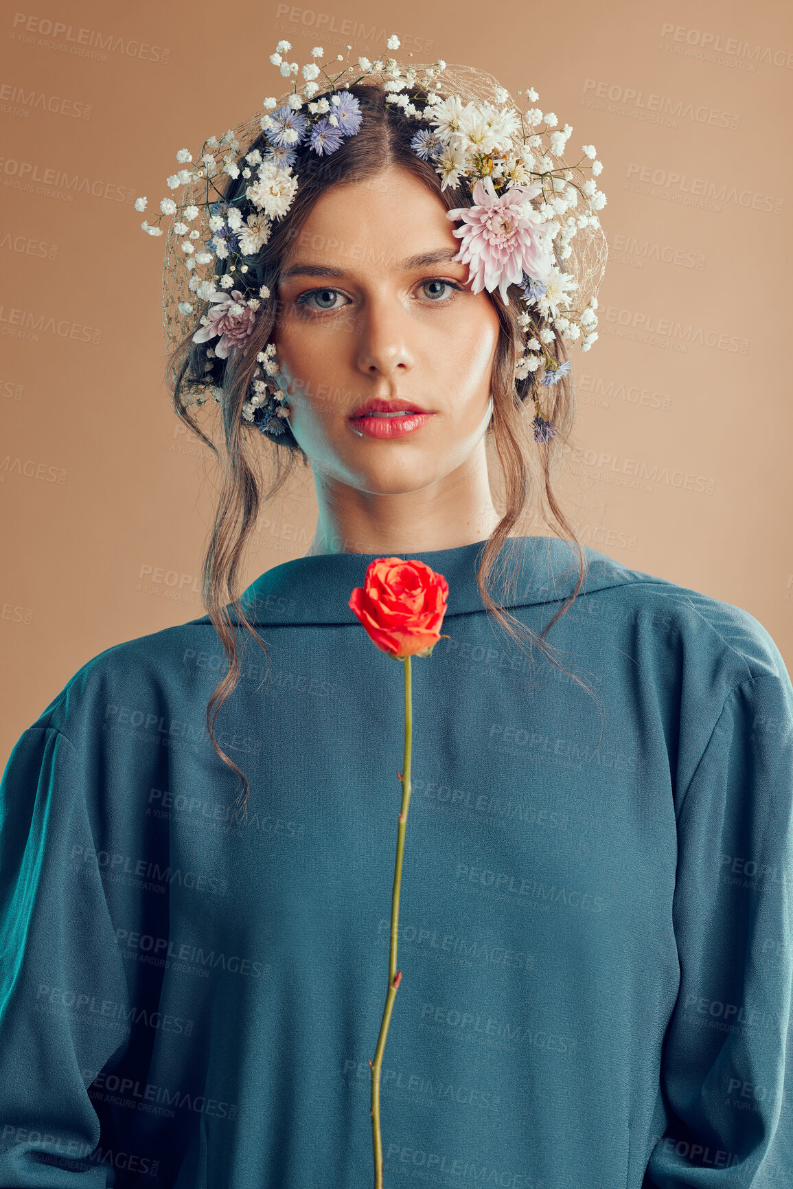 Buy stock photo Spring, fashion and portrait of woman with flowers on brown background for beauty, cosmetics and makeup. Creative art, aesthetic and girl with floral crown for  beauty products, skincare and wellness