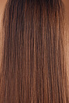 Woman headshot, back and brown hair style in studio keratin treatment, Brazilian dye color or healthcare wellness. Zoom, texture and brunette strands with straight detail on model with healthy growth