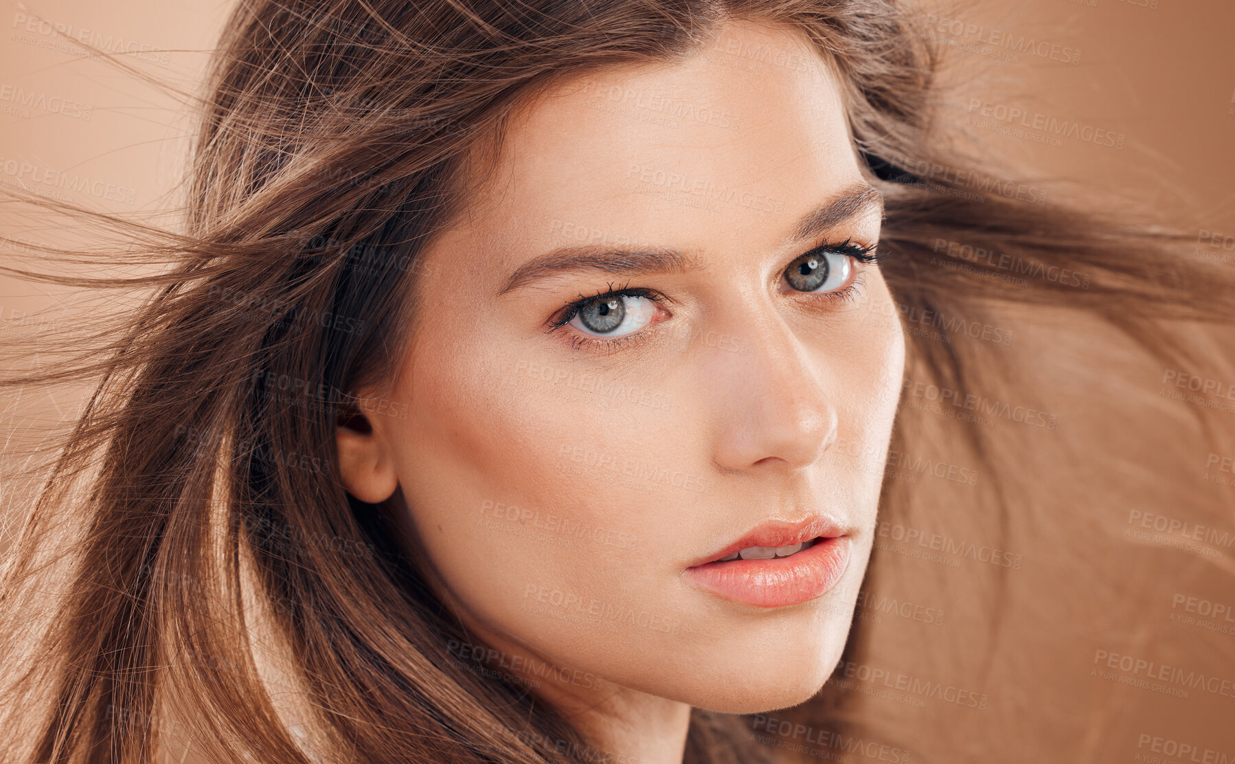 Buy stock photo Woman, face skincare or windy hair on brown studio background for skincare dermatology, keratin treatment or Canada wellness. Zoom, portrait or brunette beauty model, facial glow or makeup cosmetics