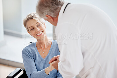 Buy stock photo Senior woman, wheelchair and doctor holding hands in hospital support, surgery trust or wellness life insurance. Smile, happy and disability retirement elderly, healthcare worker or mobility security
