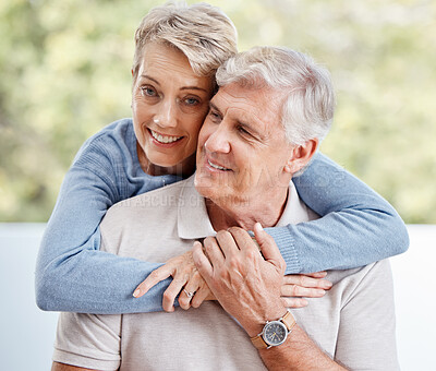 Buy stock photo Elderly, couple and love, hug and relax at family home, commitment with trust, partnership and marriage with happiness. Mature, man and woman with support and hands touch, solidarity and relationship