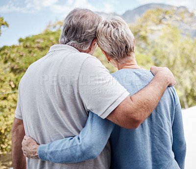 Buy stock photo Love, back and senior couple hug outdoor, bonding and cuddle. Romance, retirement and support of elderly man and woman hugging, embrace with affection and enjoying quality time together on holiday.