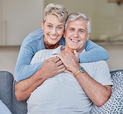 Buy stock photo Couple, elderly and love with hug, retirement and holding hands with trust commitment, relationship and marriage. Retirement, senior man with woman and partner, bonding and happy in portrait at home.