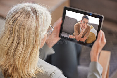 Buy stock photo Video call, tablet or woman for digital therapy, webinar consulting or zoom call with customer, patient or client. Tech, psychology or consultant for support, divorce help or mental health and stress