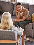 Counseling woman or psychologist listening to patient in therapy of mental health problem, mind healthcare or advisory support. Advice, psychology and professional therapist consulting client on sofa