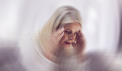 Buy stock photo Senior woman, headache and dizzy motion blur on sofa for mental health, stress and health risk. Elderly person, tired and suffering from migraine for dementia crisis or head pain in retirement home