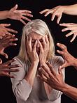 Senior woman, hands or mental health stress on black background in studio with guilt, fear or schizophrenia disorder. Scared, depression or anxiety retirement elderly with psychology bipolar burnout