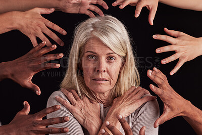 Buy stock photo Anxiety, schizophrenia and face of woman with hands reach in horror, fear and black background for bipolar terror. Portrait, crazy and scared lady with mental health problem, depression and trauma