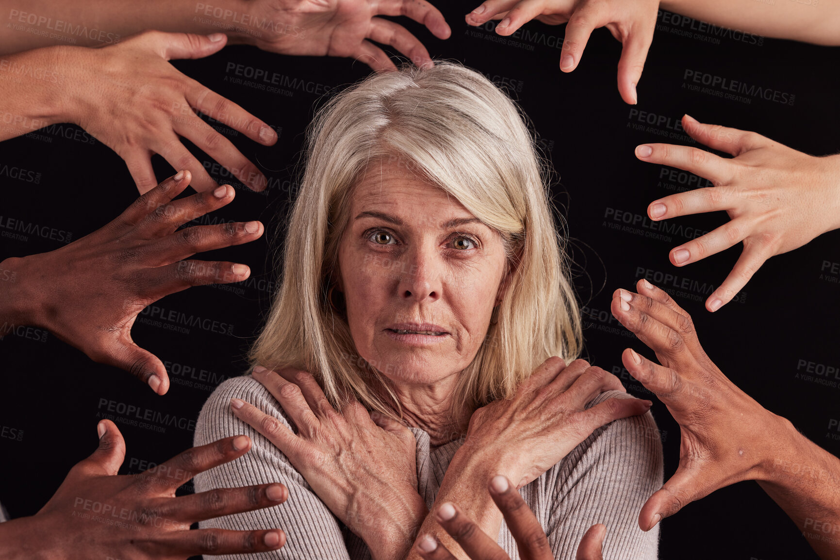 Buy stock photo Anxiety, schizophrenia and face of woman with hands reach in horror, fear and black background for bipolar terror. Portrait, crazy and scared lady with mental health problem, depression and trauma