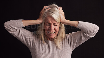 Senior woman, stress or anxiety on black background in studio in schizophrenia, bipolar disorder or psychology burnout. Retirement elderly, anxiety or mental health headache with fear, pain or crisis