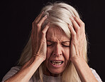 Mental health, depression and face of senior woman sad over loss, crisis problem and suffer from anxiety stress. Pain, dark fear and crying elderly person depressed over trauma on black background