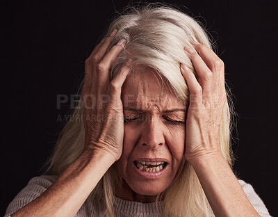 Buy stock photo Mental health, depression and face of senior woman sad over loss, crisis problem and suffer from anxiety stress. Pain, dark fear and crying elderly person depressed over trauma on black background