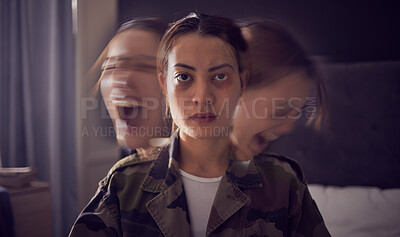 Buy stock photo Bipolar, schizophrenia and military woman with PTSD, war stress and tired from mental health problem. Anxiety, screaming and portrait of a soldier with insomnia, trauma and angry from battle in home