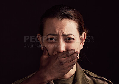 Buy stock photo Abuse, fear and hand over the mouth of a woman in studio on a dark background to stop gender violence. Portrait, mouth and silence with a female victim or hostage as a symbol of domestic violence