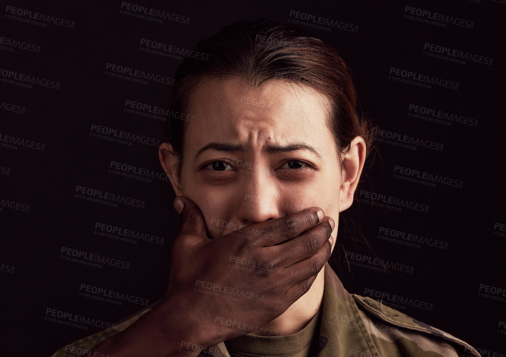 Buy stock photo Abuse, fear and hand over the mouth of a woman in studio on a dark background to stop gender violence. Portrait, mouth and silence with a female victim or hostage as a symbol of domestic violence
