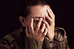 Military woman, mental health and crying in studio for depressed, anxiety and stress in war clothes. Female soldier, sad ptsd or trauma memory from army by black background with depression in Ukraine