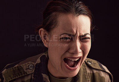 Buy stock photo War, crying and military woman with ptsd, trauma and anxiety, screaming or shouting. Mental health, depression and face of female soldier from Ukraine with stress, pain and thinking of army memories.