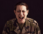Trauma, scream and woman soldier with ptsd, military depression and mental health problem on black background of Ukraine war. Horror, anxiety and portrait of scared female army veteran shout in fear