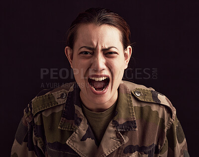 Buy stock photo Trauma, scream and woman soldier with ptsd, military depression and mental health problem on black background of Ukraine war. Horror, anxiety and portrait of scared female army veteran shout in fear