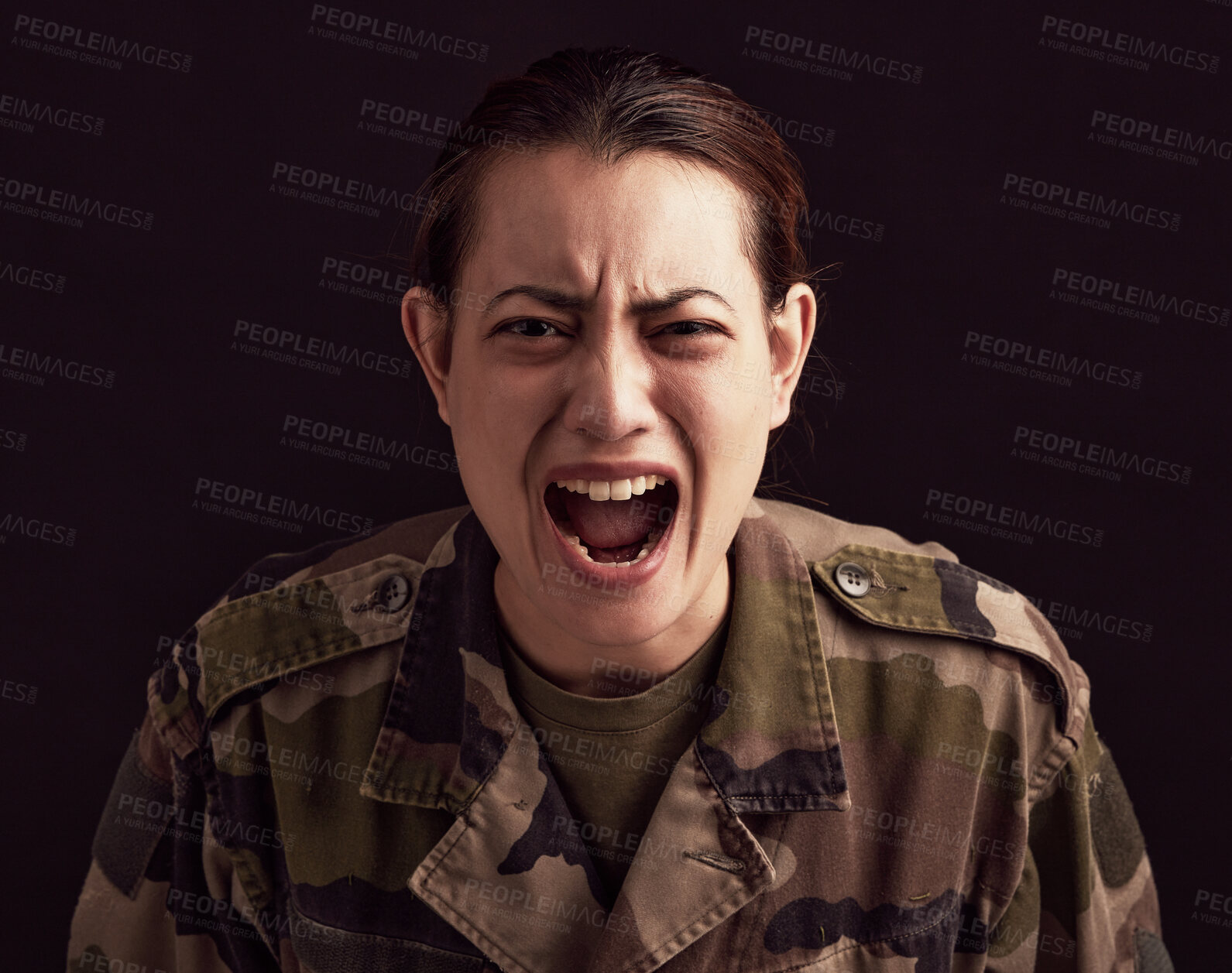 Buy stock photo Trauma, scream and woman soldier with ptsd, military depression and mental health problem on black background of Ukraine war. Horror, anxiety and portrait of scared female army veteran shout in fear