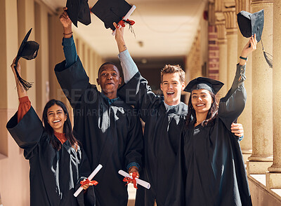 Buy stock photo Success, graduation and celebration of students in university in campus. Goals, targets and happy group of college people or friends graduate celebrating education, studying and learning achievement.