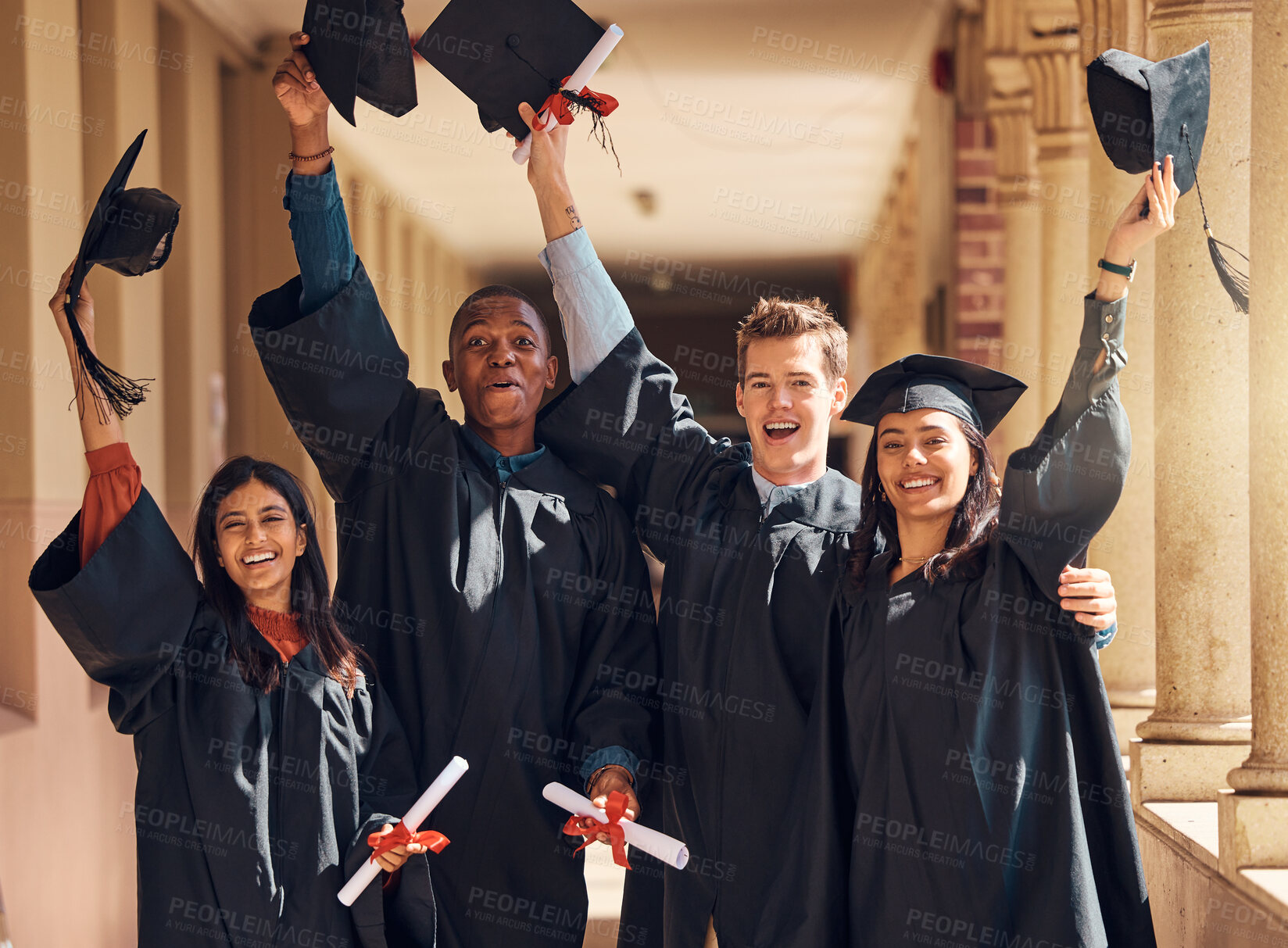 Buy stock photo Success, graduation and celebration of students in university in campus. Goals, targets and happy group of college people or friends graduate celebrating education, studying and learning achievement.