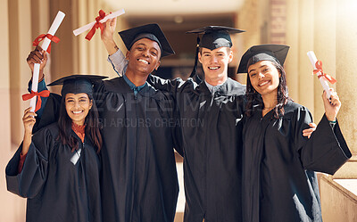 Buy stock photo Education, diversity and graduation, happy students at university campus with certificate. School, success and portrait of college graduate friends with diploma in cap celebrate academic achievement.