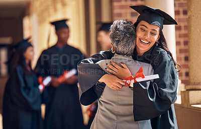 Buy stock photo Hug, graduation and graduate, women and education achievement, success on university campus and certificate with academic goals reached. College, student and graduating ceremony, event and degree.