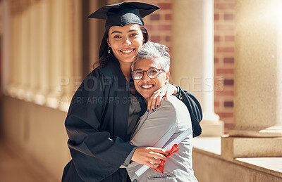 Buy stock photo Graduation, university and portrait of mother with girl at academic ceremony, celebration and achievement. Family, education and mom hugging graduate daughter with degree or diploma on college campus