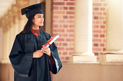 Buy stock photo Student, graduation and woman with diploma thinking about future, goals and achievement in education, learning and college. Female with graduate certificate at celebration ceremony event for success