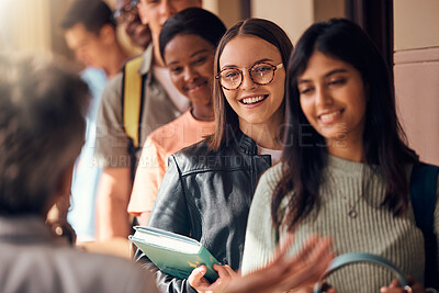 Buy stock photo Diversity, students and happy for education, standing in corridor ready for learning in college classroom. University, success support and career development or happy mindset in building hallway