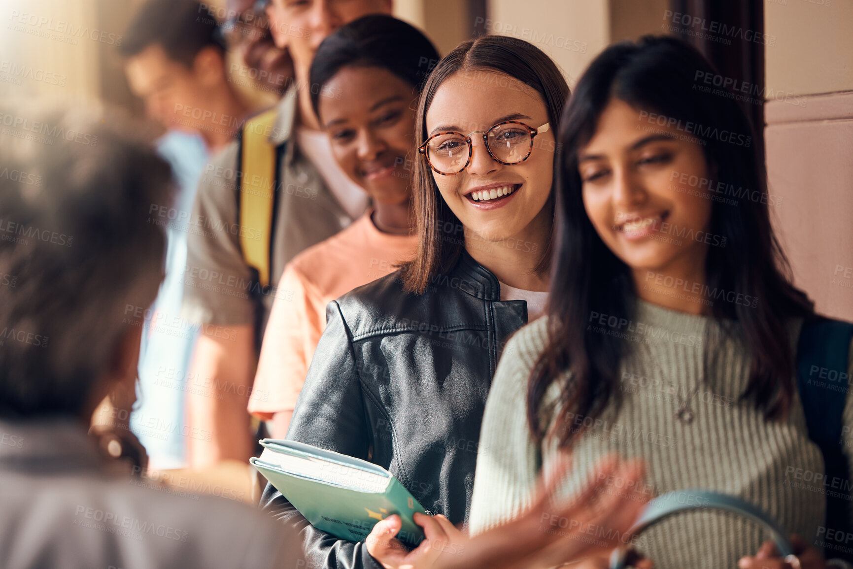 Buy stock photo Diversity, students and happy for education, standing in corridor ready for learning in college classroom. University, success support and career development or happy mindset in building hallway