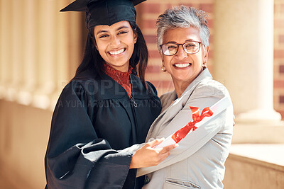Buy stock photo Graduation, student and happy mother portrait of women from India at a graduate ceremony event. College diploma, school celebration and university education certificate of a woman with an achievement