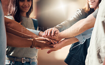 Buy stock photo Diversity, hands together and team support for student collaboration, education motivation and team building project success. Interracial group of collge friends, solidarity and goals mission  