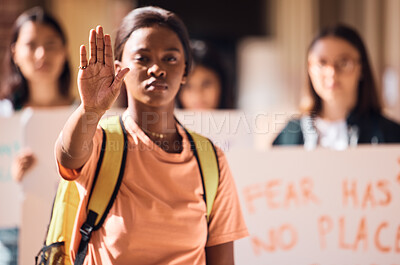 Buy stock photo Hand, stop or black woman at a student protest for free public education, government funding or human rights. Girl, school or crowd of angry students fighting for a change, gender equality or justice