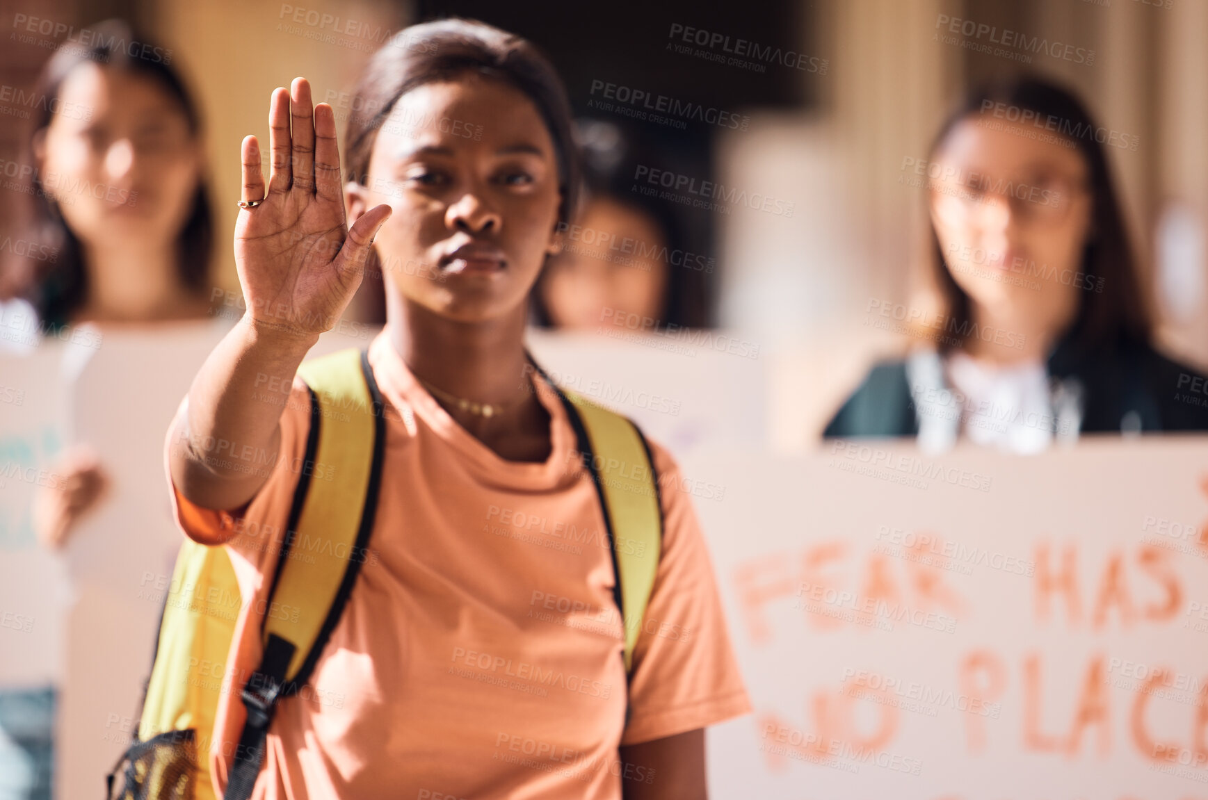 Buy stock photo Hand, stop or black woman at a student protest for free public education, government funding or human rights. Girl, school or crowd of angry students fighting for a change, gender equality or justice