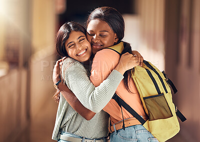 Buy stock photo Education, friends and hug with women in college for learning, scholarship and happiness. Embrace, bonding and affection with girl students on campus for back to school, university and best friends