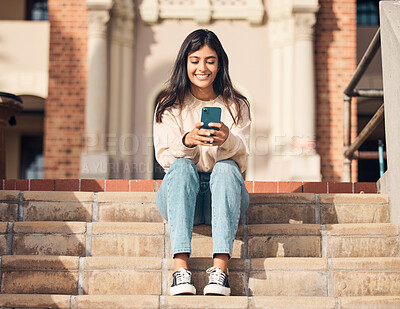 Buy stock photo Student, smile or girl with phone on stairs for communication, 5g network or social media news app reading outdoor. Happy, mobile or woman with smartphone for networking, comic website or blog post